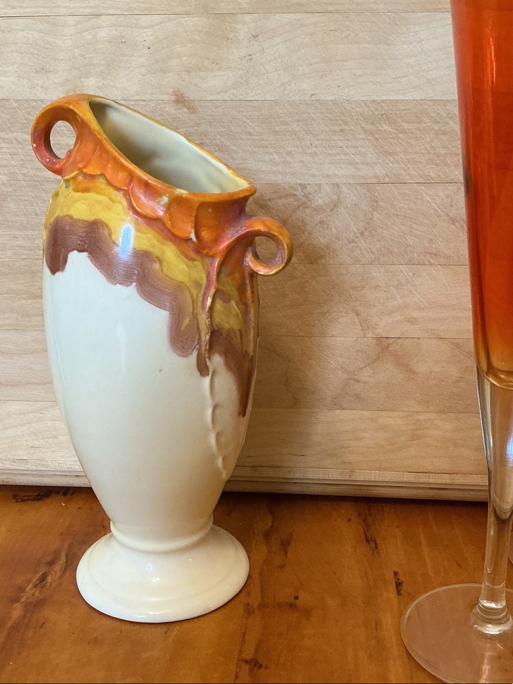 Vintage Art Deco Czech Drip Glaze Ceramic Vase with Looped Handles — Beautiful